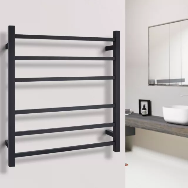 Waterproof 6 Rung Electric Heated Towel Rail Rack Warmer Stainless Steel Black