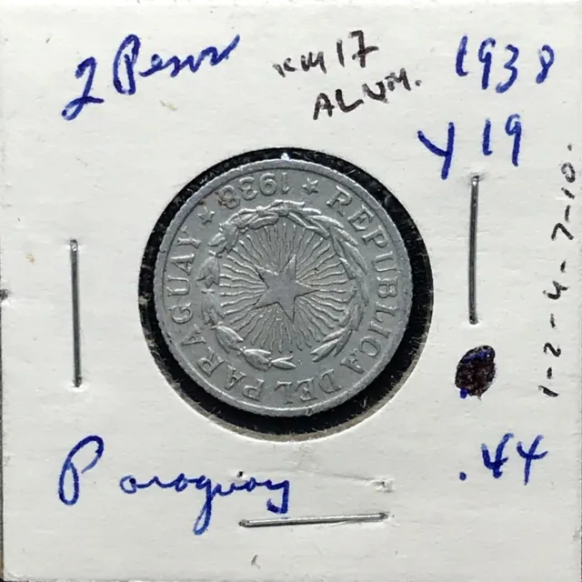 Paraguay - 1938  2 Pesos - Aluminum - Rare Coin KM# 17