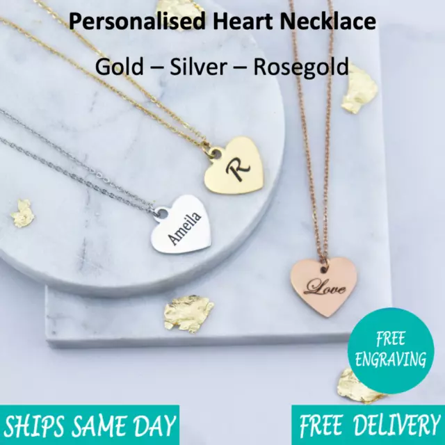 Personalised Engraved Custom Jewellery Heart Necklace -Rose Gold - Gold- Silver