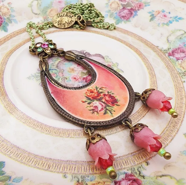Michal Negrin Pendant Necklace Coral Victorian Roses Pink Handmade Bell Beads