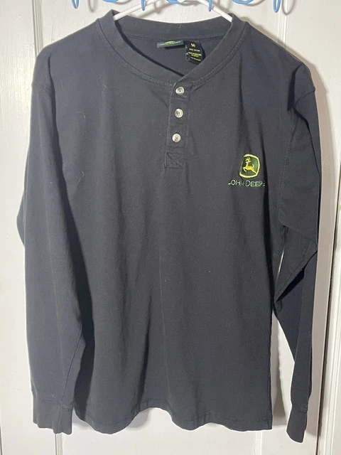 John Deere Clothing Men's Henley Black Shirt Medium Embroidered Logo EUC
