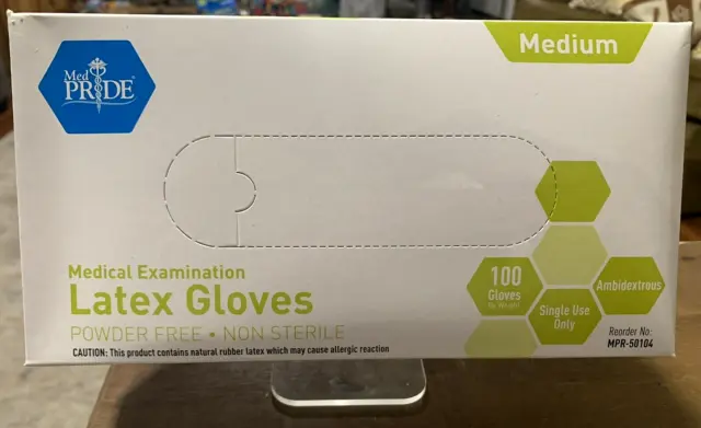 Med PRIDE Medical Exam Latex Gloves - Medium - 100 Count - 5 mm Thick - UNOPENED