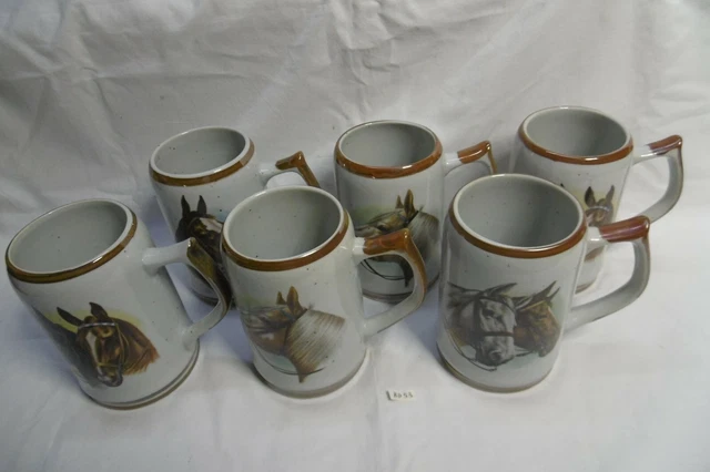 6 chopes à anse en faïence à décor de chevaux, 450 ml, (BD53)