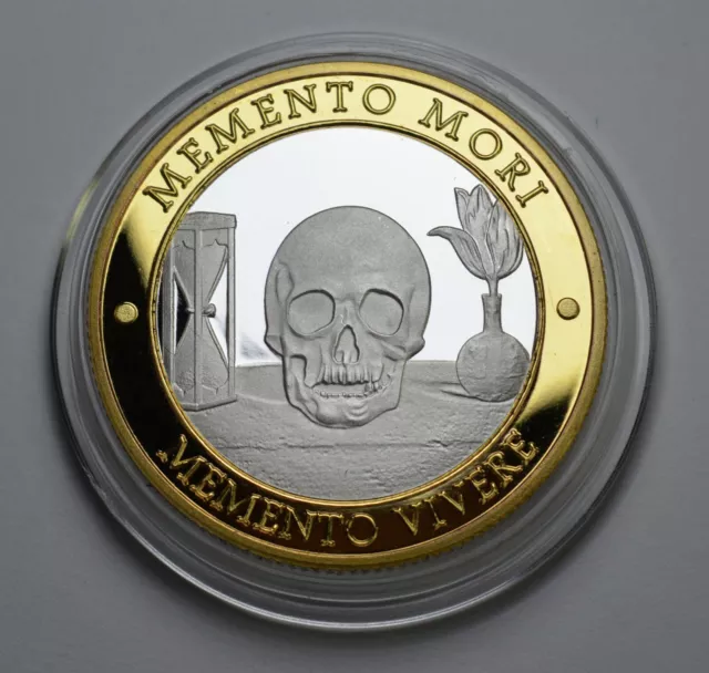 Silver & 24ct Gold MEMENTO MORI / VIVERE Reminder Coin. MORS VINCIT OMNIA. Stoic