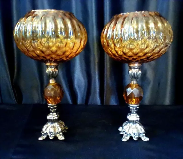 Vintage Baroque Metal Amber Lucite Candle Holders Large Glass Voltive Pair Mcm