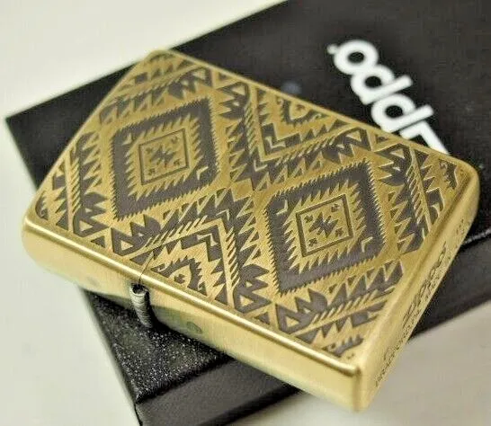 Zippo Oil Lighter Indian Native Antique Gold Brass Etching Geometry Pattern New
