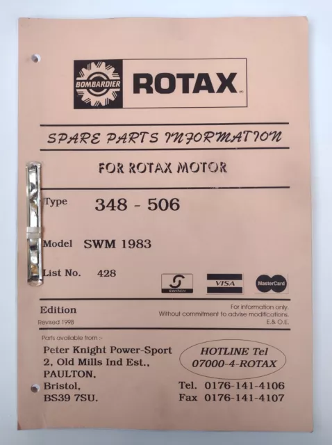 Rotax SWM 1983 348 - 506 motorcycle engine Spare parts catalogue 1998 List # 428