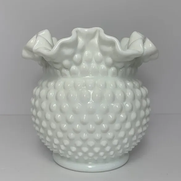 Fenton Milk Glass Hobnail Double Crimped Ruffle Vase #3656 Large Rose Bowl  5.5"