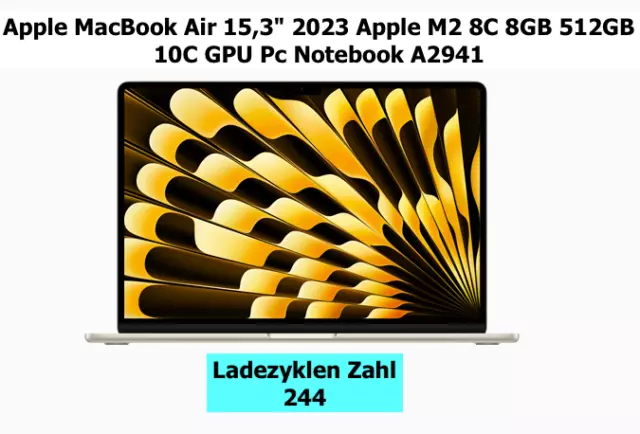 Apple MacBook Air 15,3" 2023 Apple M2 8C 8GB 512GB 10C GPU Pc Notebook A2941