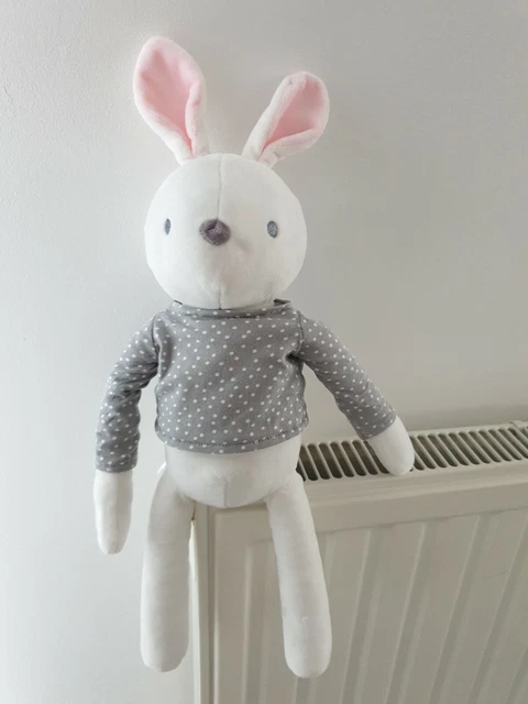 Neuf* - Doudou Peluche Lapin Blanc Pull Gris pois  Oreilles Rose Sans Couverture