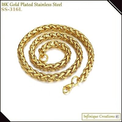 Stainless Steel Wheat Braided Chain 18K Gold Plated 7-38" Men Bracelet Necklace