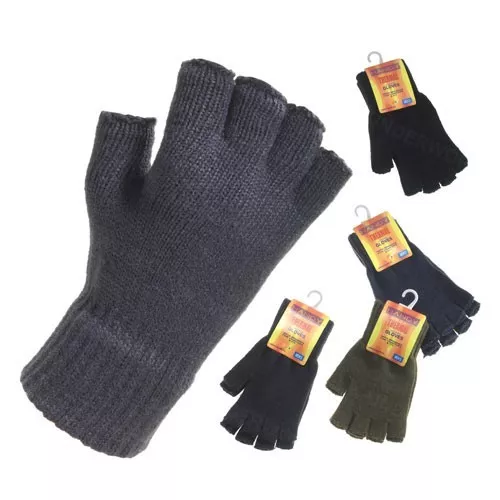 Mens Fingerless Gloves Adults Plain Thermal Knitted Winter Warm Half Finger 2