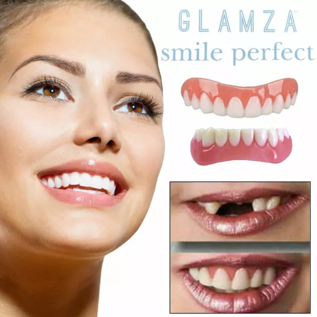Glamza Smile Top Bottom Teeth Snap Cap On Instant Flex Perfect Veneers White UK