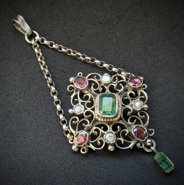 Antiker Barock Anhänger Silber Smaragd Granat Perle alt c. 1820