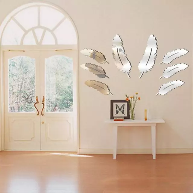 Creative 8pcs Feather Design 3D Mirror Craft Kitchen Home Decor Wall Stickers LG