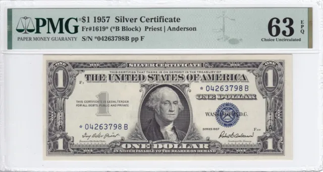 1957 $1 Silver Certificate STAR Note FR#1619* PMG CU 63 EPQ *04263798B