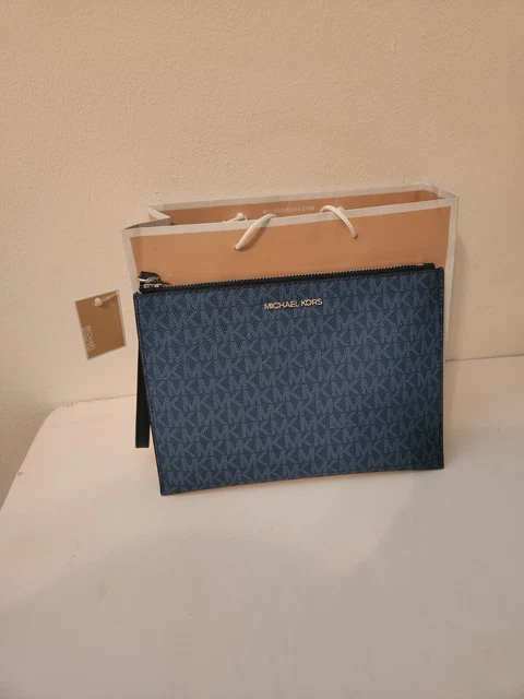 Michael Kors MK Dark Blue Chambray Zip Clutch Wristlet. NWT