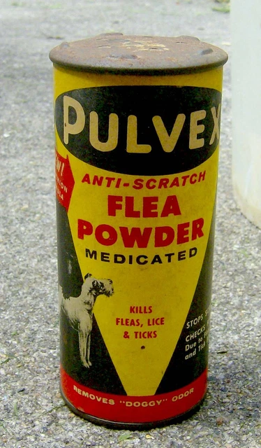 RARE vintage 1940s 1950s PULVEX Flea Powder container/tin/can old DOG GRAPHICS