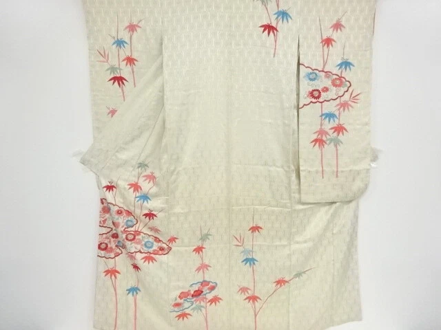 98136# Japanese Kimono / Antique Furisode / Embroidery / Bamboo & Flower