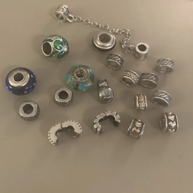 17 Authentic PANDORA  Beads.  Glass & silver Including Safety Chain And Spacers