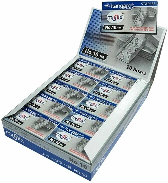 20 X box of Staples Kangaro Regular Stapler Pins No.10 (20X 1000 pins, Metallic)