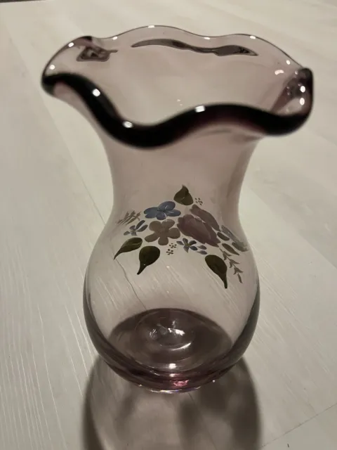 Vintage Fenton Teleflora Hand Painted Flower Ruffled Purple Amethyst Glass Vase
