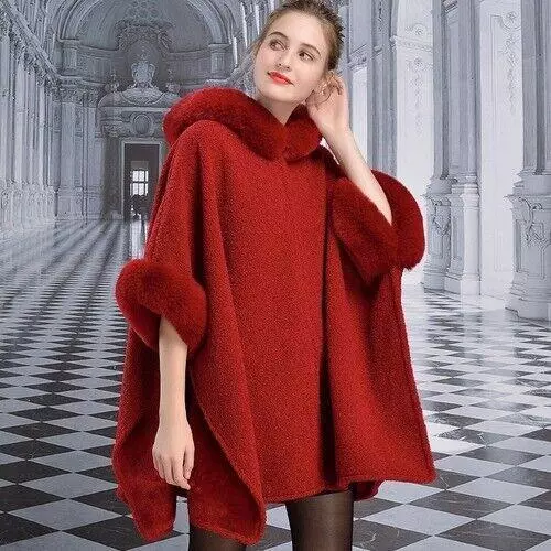 Fashion Winter Shawl Cape Women Hooded Fur Collar Faux Wool Cashmere Poncho Coat