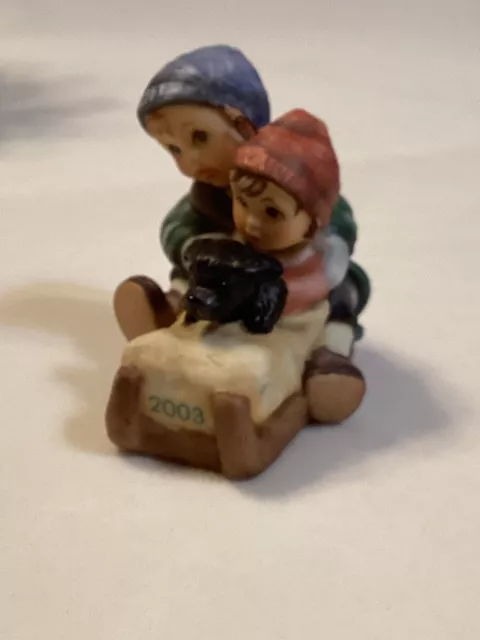 2003 Away We Go Berta Hummel Christmas Ornament Sledding Kids & Dog EUC