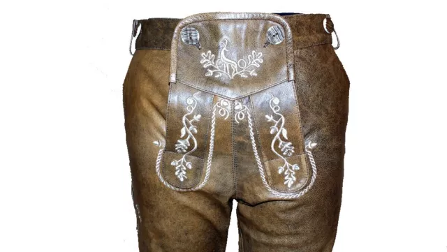 *Neu*Herren Trachten Lederhose Kniebund Rindsleder Antik-Braun mit Träger Gr.48