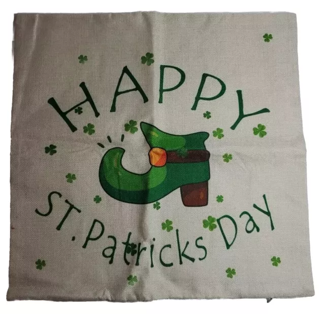 Pillow Cover ONLY Happy St Patrick's Day  17" Square Irish Clovers Burlap Style