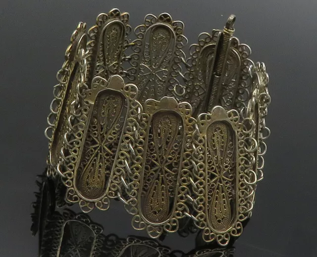 925 Sterling Silver - Vintage Antique Filigree Panel Chain Bracelet - BT4897