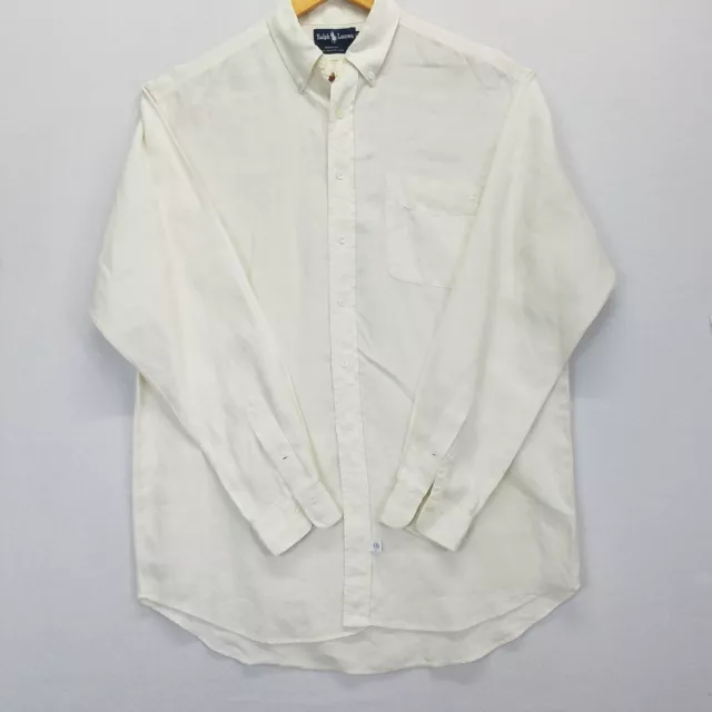 Vintage Ralph Lauren Shirt Men Size L Ivory 100% Linen Long Sleeve Made in USA