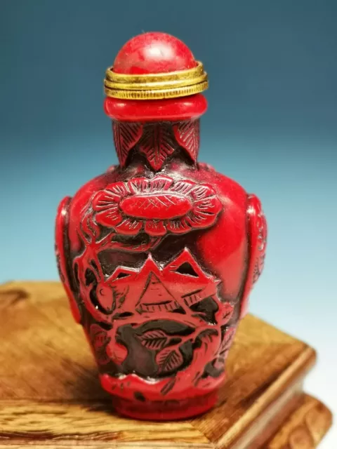 Old Nice Chinese Red Coral Carved long-horned grasshopper Snuff Bottle A04