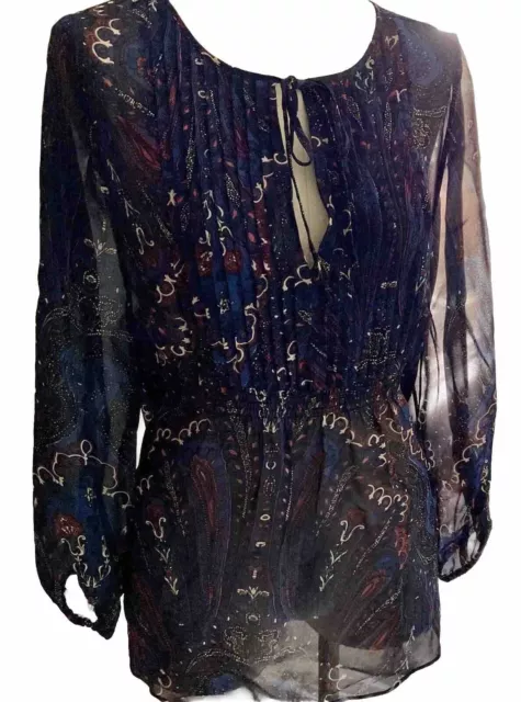 Joie Womens Silk Navy Blouse Semi-sheer Pleated Front Floral 3/4 Balloon NWT  SM