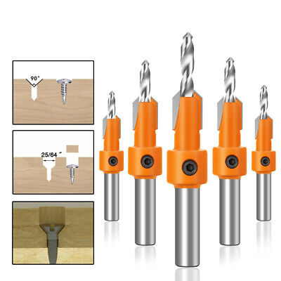 5*Countersink Drill Bit Tool Set Hex Shank HSS Woodworking Pilot Screw Holes