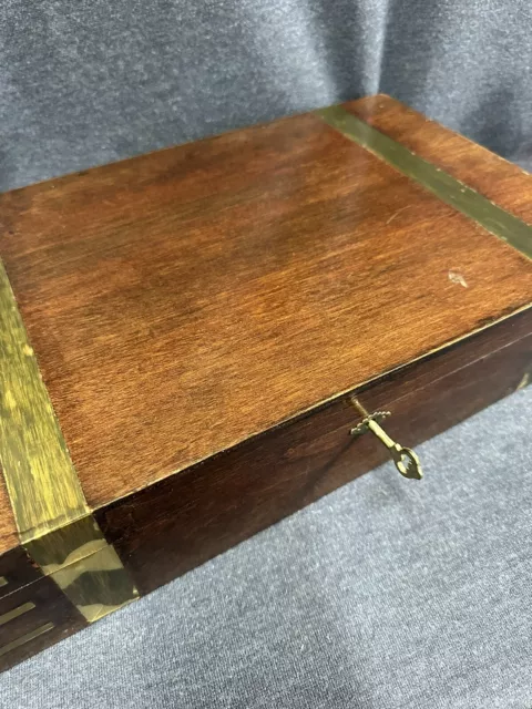 Large Vintage Inlaid Brass Wood Jewelry Box Case Approx. 16”x 10”x 3.5”  W/ Key