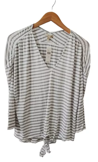 Bordeaux Top Womens S Gray Stripe 3/4 Sleeve Pullover Stretch Anthropologie