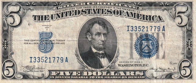 1934 Blue Seal $5 Silver Certificate lot of 4 Circulated Series A C D 2