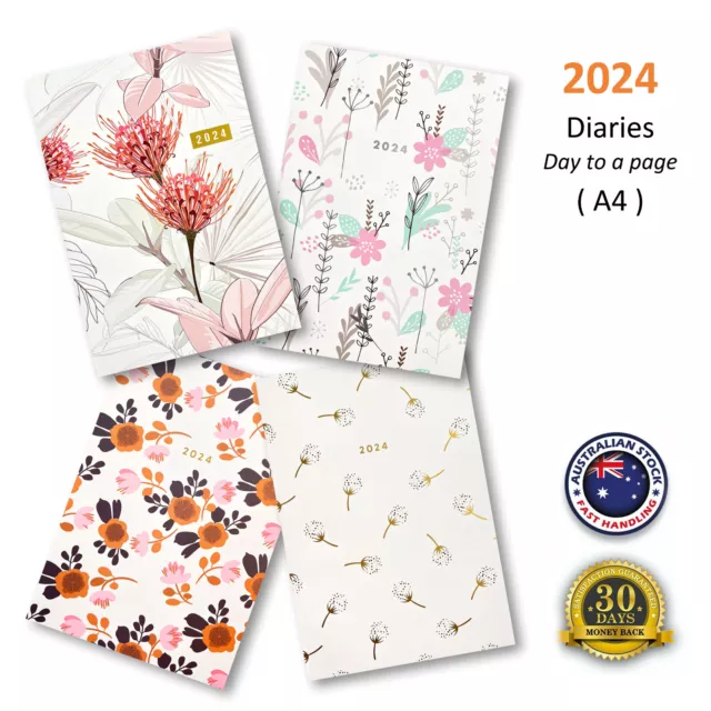 2024 Diary A4 Day To View Botanical Flowers Paper Cover Notebook Planner Journal