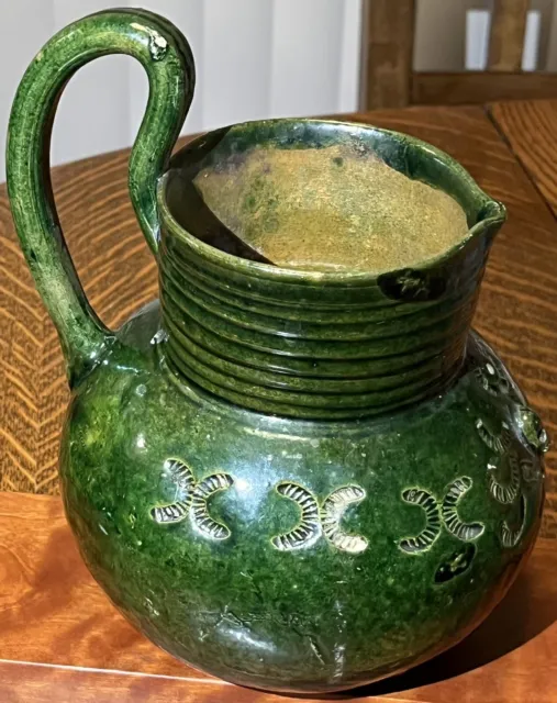 ANTIQUE 19th C ATZOMPA OAXACA RICH GREEN GLAZED POTTERY VESSEL JUG PITCHER Rare