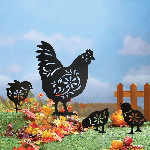 Acryl Gartendekor 4er Set lebensechter Hahn und Küken Hof Kunst Skulpturen