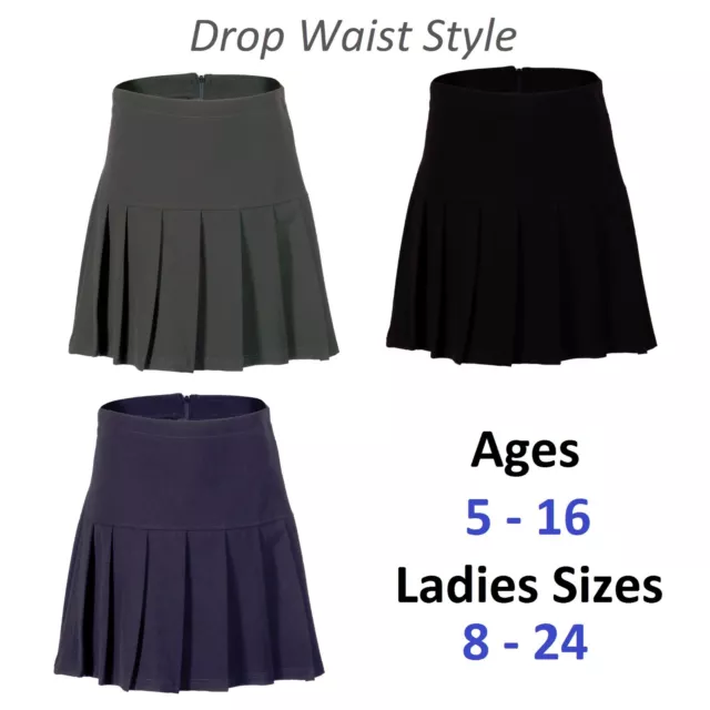 Girls Pleated School Skirt Drop Waist Grey Black Navy Ages 5-16 Womens Size 6-24