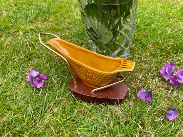 Sauce Boat Crown Devon Ceramic With Metal And Wood Holder Liquids Pourer