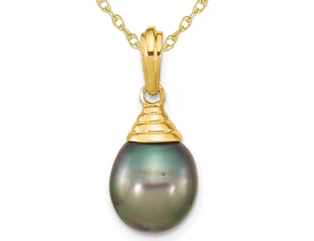 9-10mm Black Tahitian Saltwater Pearl Necklace14K Gold with Chain