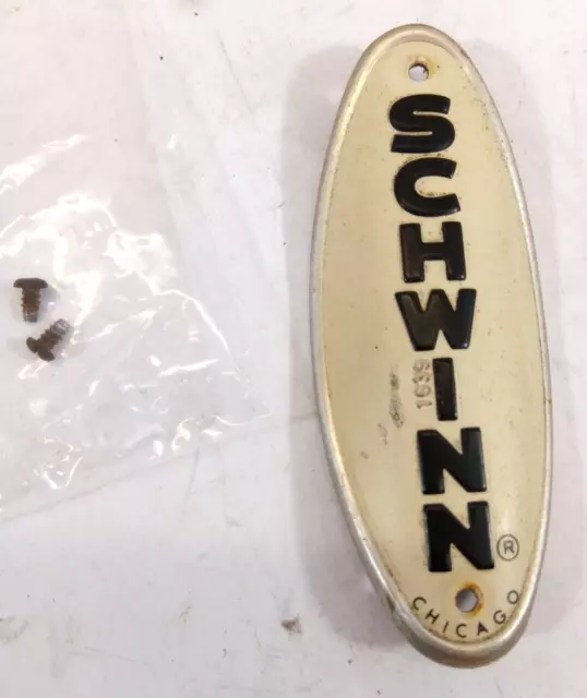 Vintage Schwinn Chicago Head Badge Black & Cream With Screws Stingray