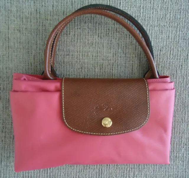 Longchamp Le Pliage Medium Tote Bag Magenta Hot Pink Brown Leather
