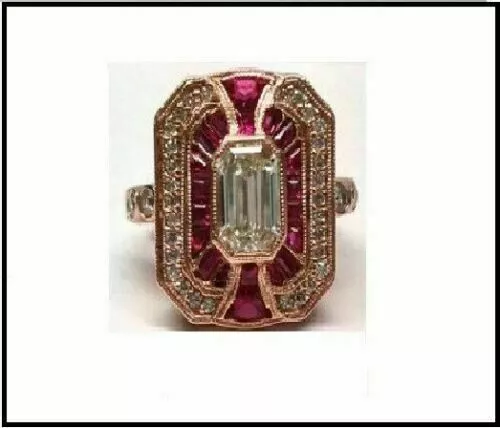 Art Deco Vintage Style Red Ruby & Lab Created Diamond Engagement 925 Silver Ring