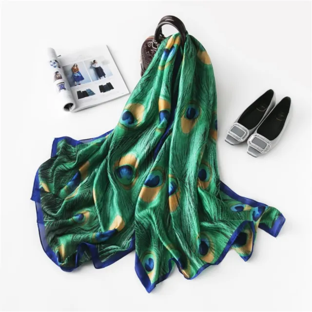 Women Lady Winter Quality Soft Elegant Peacock Print Large Silk Scarf Wrap Shawl