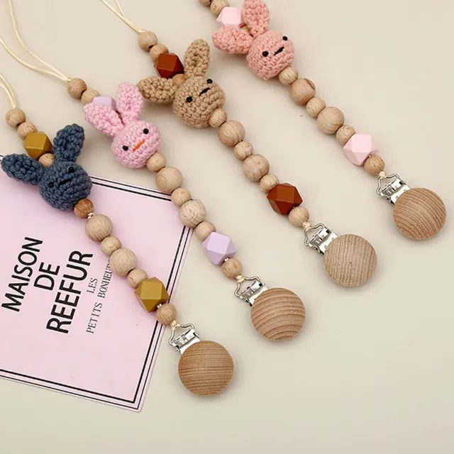 1pc Crochet Bunny Baby Pacifier Clip Chain BPA Free Wooden Be  YB