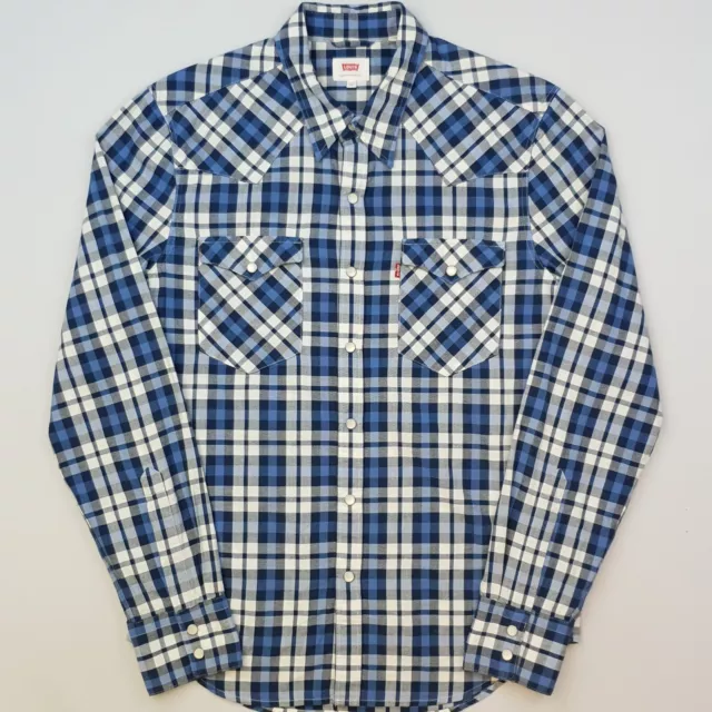 Levi's Mens Western Shirt Pearl Snap Small Slim Fit Blue White Check Oxford